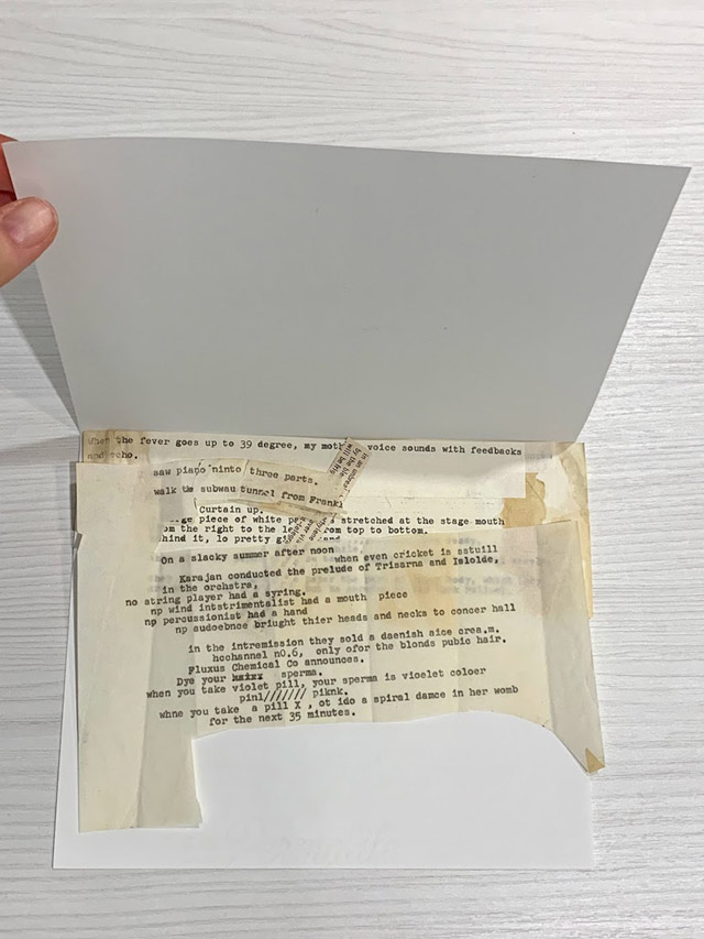 Fig. 12 – 13 Untitled writing fragments, n.d. Typescript and printed materials (6 pieces), largest: 5 7/8 x 8 1/2 in. Smithsonian American Art Museum, Nam June Paik Archive (Box 13, Folder 2);  Gift of the Nam June Paik Estate. 