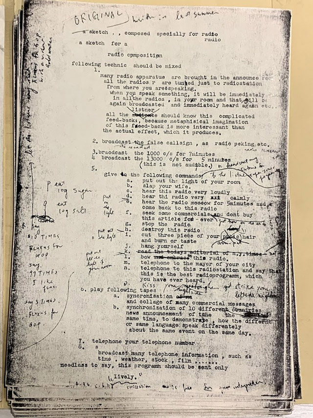 Fig. 9 Copy of “a sketch performed specially for radio,” n.d. 11 5/8 x 8 1/4 in. Smithsonian American Art Museum, Nam June Paik Archive (Box 13, Folder 20); Gift of the Nam June Paik Estate. 