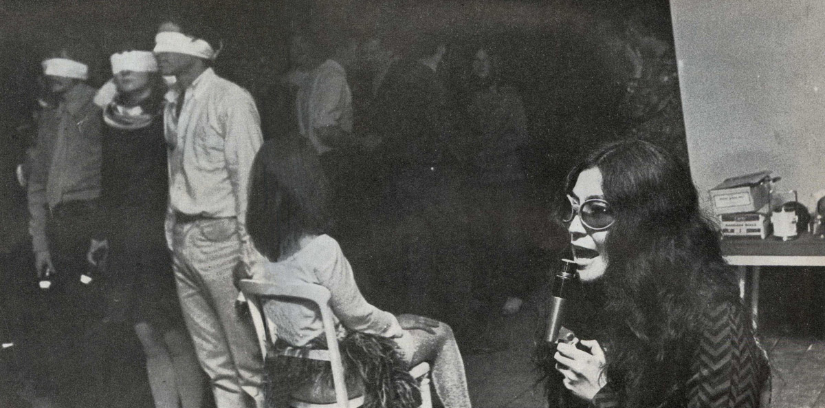 Fig. 13. Yoko Ono, Touch Piece at the Electric Garden, London, May 28, 1967. Photo: Ross Benson, “Covent Garden Goes Electric,”  London Look, June 10, 1967, 12-13. Courtesy of Mikihiko Hori.