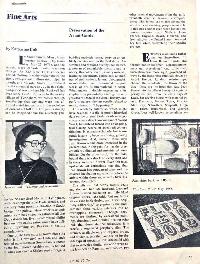 Article on Jean Brown. “Preservation of the Avant-Garde,” Saturday Review, October 30, 1976.