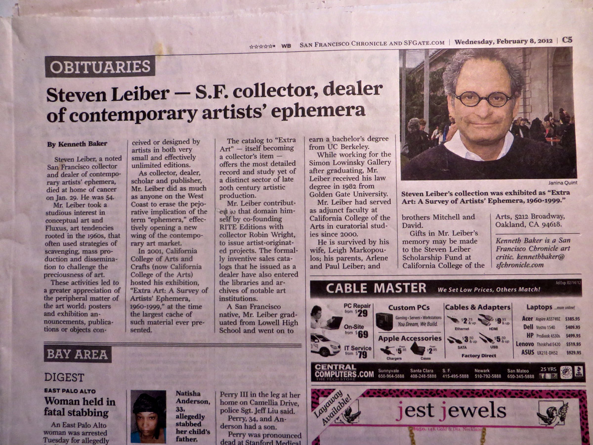 Steven Leiber obituary in San Francisco Chronicle, February 8, 2012.