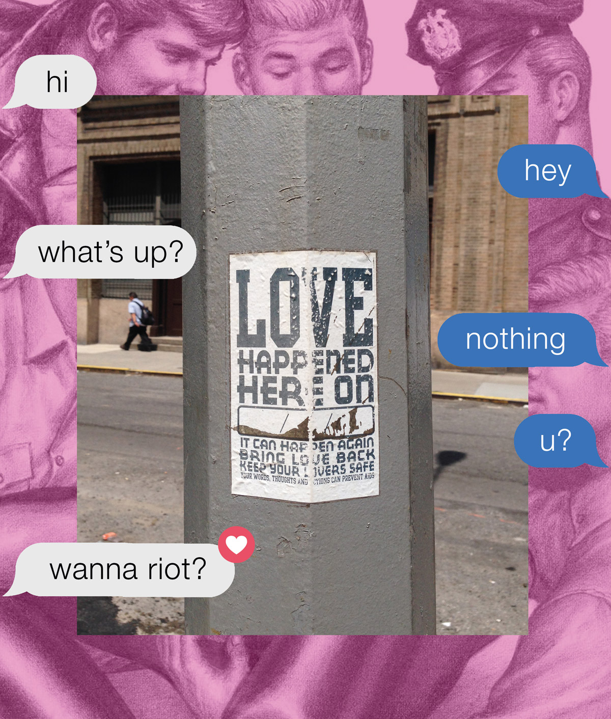 untitled panel (Nayland Blake #LoveHappenedHere 2007/2014 x Tom of Finland #TomsRockwell 1968 x #Wanna Riot 2019),   digital collage, 2019