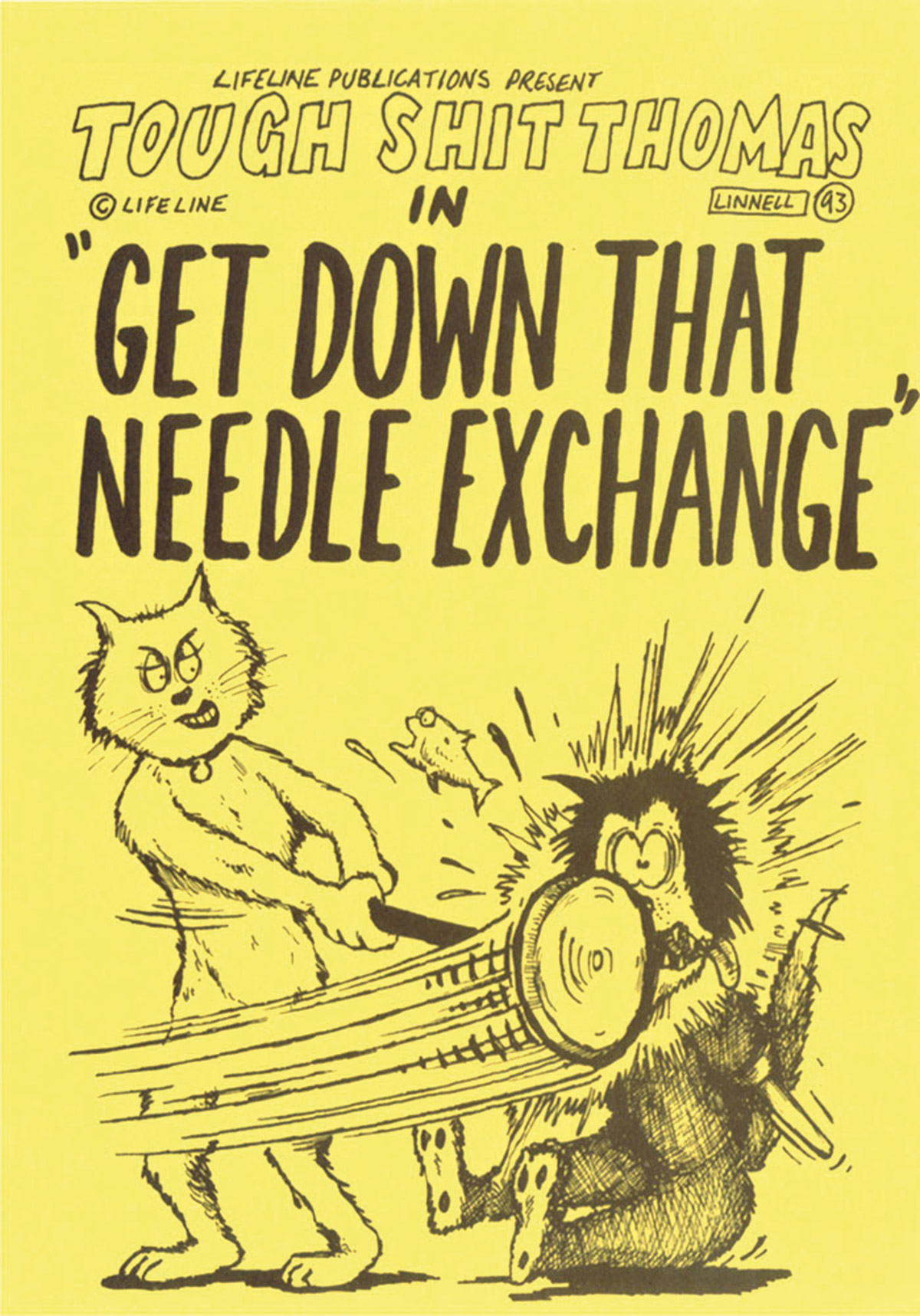 Lifeline, Get Down That Needle Exchange, 1993: Leaflet. Illustration by Michael Linnell © Lifeline.  Image used courtesy of Michael Linnell, who also has an online archive of his drug-related work; http://michaellinnell.org.uk/archive.html