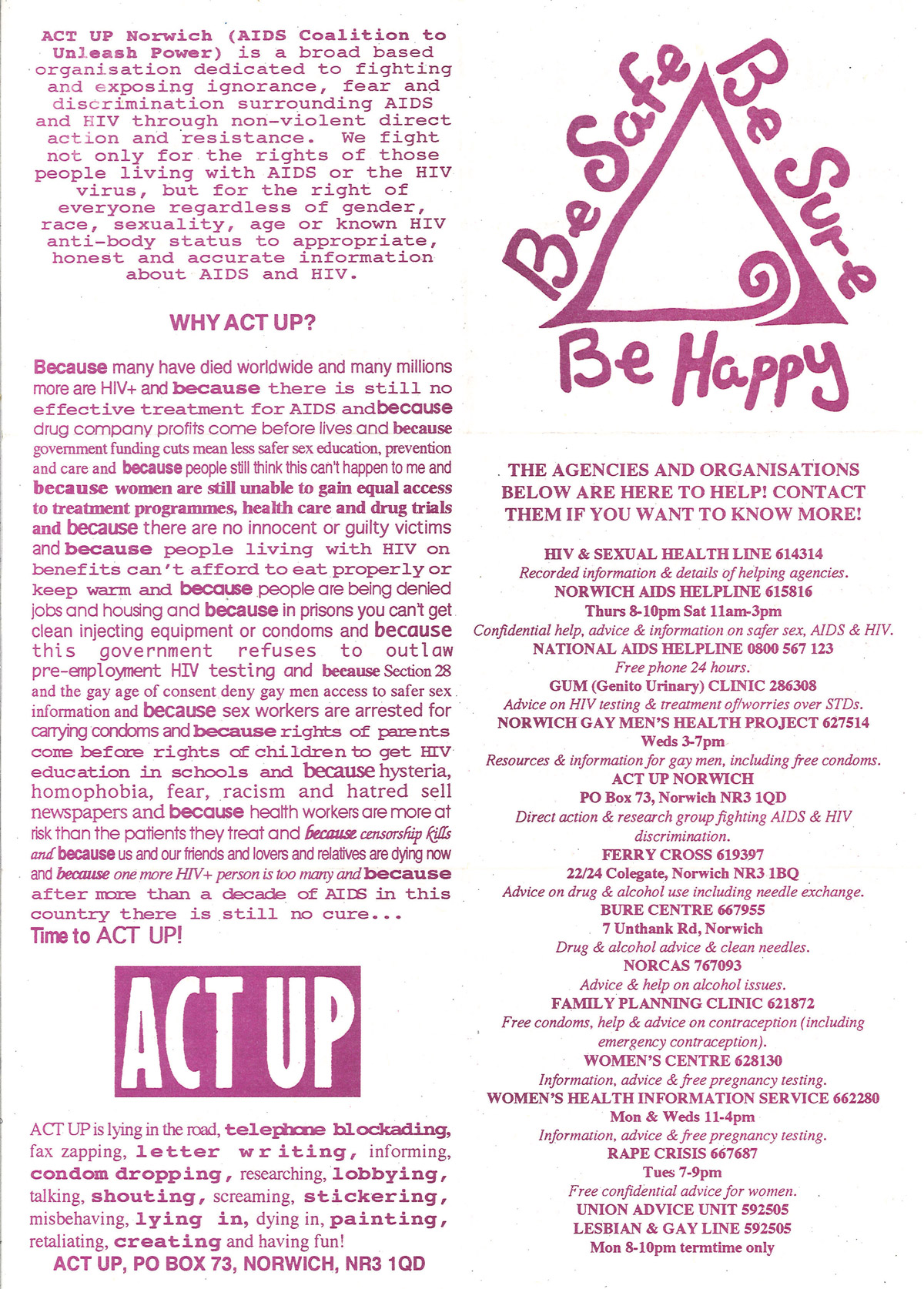Act Up Norwich, Be Safe, Be Sure, Be Happy, early 1990s: Leaflet. © Act Up Norwich.