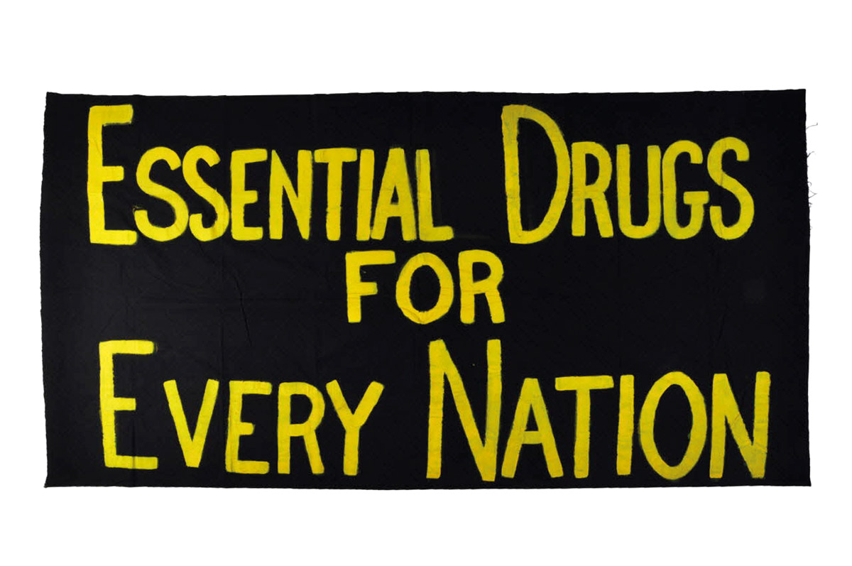 Multiple AIDS associations: Banner “Essential Drugs for every nation,” deployed in July 1999  at the International AIDS Conference in Durban, South Africa. Courtesy of Mucem (Inv : 2004.211.33).