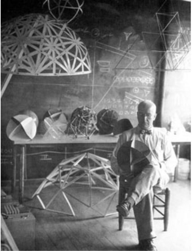 Buckminster Fuller at Black Mountain College with models of geodesic domes, 1949