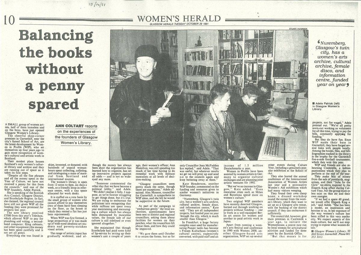 fig. 3. Ann Coltart, Adele Patrick (left) in an article “Balancing the books without a penny spared” about Glasgow Women’s Library,  Glasgow Herald, 29 October 1991. Courtesy of Glasgow Women’s Library Archive and Special Collections.