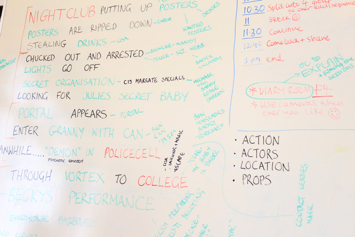 Whiteboard notes, week 5 at Open School East, 2019. Photography by Louis Palfrey
