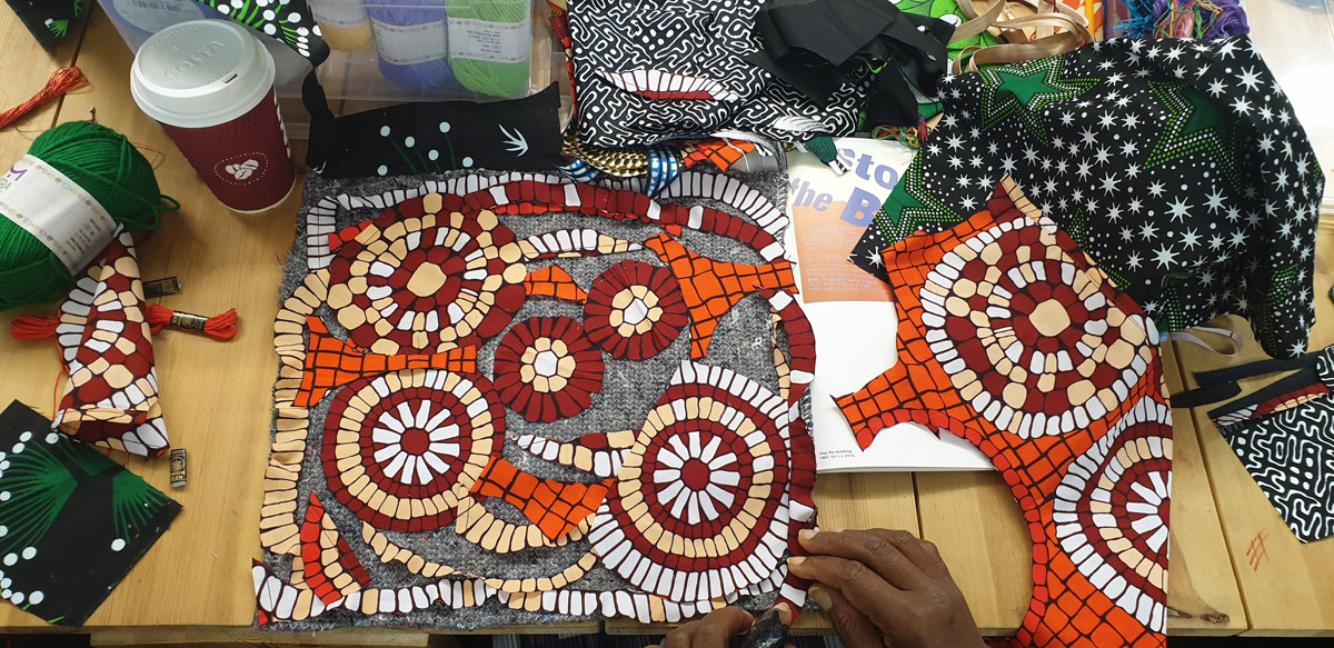 Welcome Home quilting workshop, a collaboration between Red Ribbon Living Well  and Deptford Peoples Heritage Museum, October 2021, Jorella Andrews.