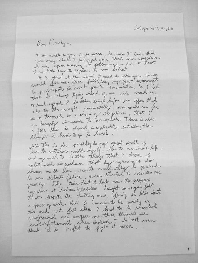 Fig. 3a: Kai Althoff’s letter of withdrawal to Carolyn Christov-Bakargiev, Photography by: Nanne Buurman