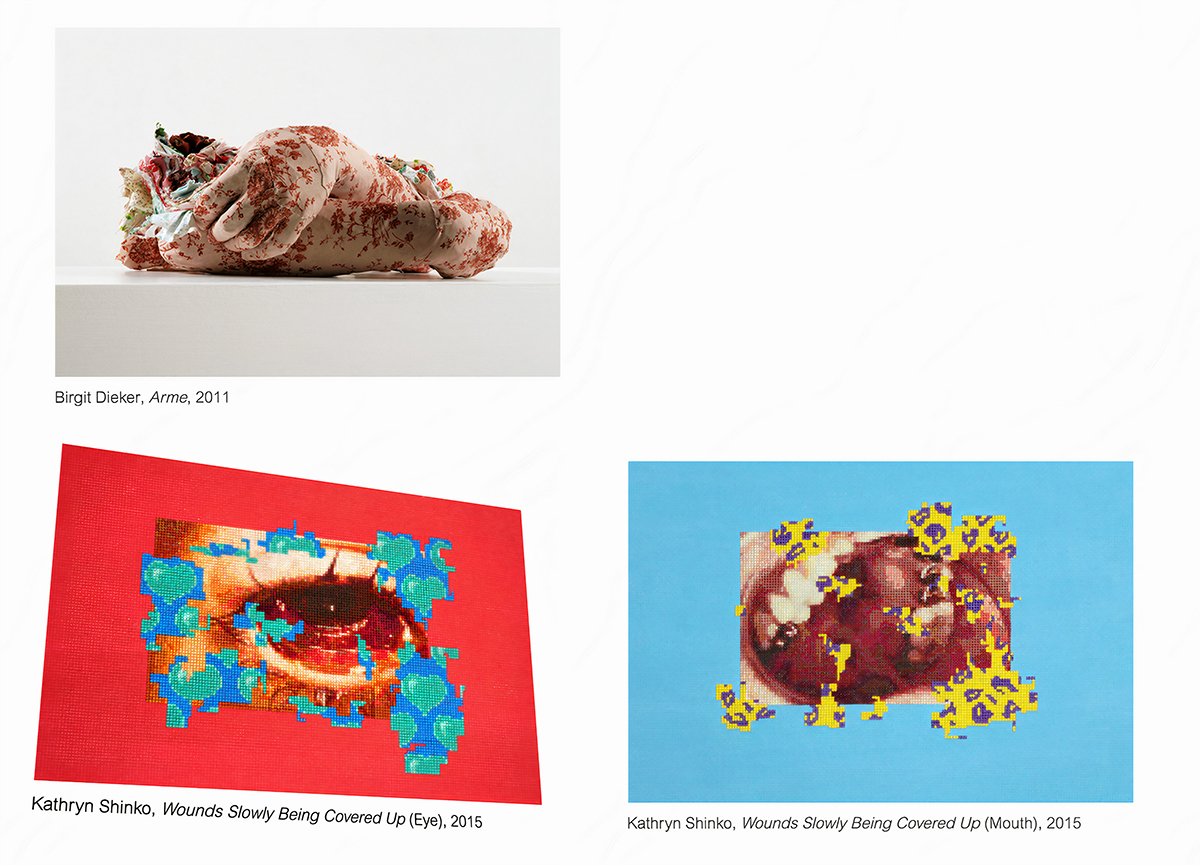 Exhibition view of CLAIMING NEEDLES – Positions of Contemporary Embroidery Art, 2018, curated by Peggy Schoenegge  and Darja Zub (online), on view: Birgit Dieker and Kathryn Shinko. Photograph by Peggy Schoenegge © peer to space