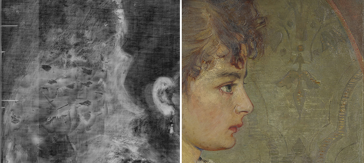 Curtain Viewer for: Oskar Zwintscher, The Artist’s Wife as a Young Girl, 1894, oil on canvas, 68 x 52 cm,  Gal.-Nr.: 2022/16 © Albertinum, Staatliche Kunstsammlungen Dresden, Photograph by: Estel/Klut, X-Ray by: Kreische