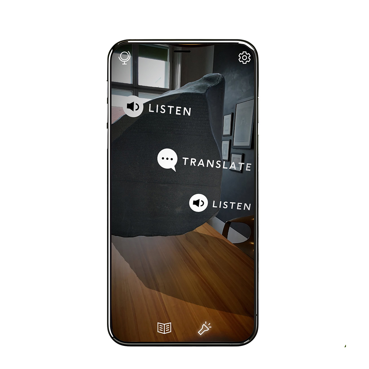 Annotations and interaction with the Rosetta Stone  in the Civilisations AR app by BBC. Screenshot by Florian Wiencek.  Phoneframe by vector_corp on freepik.com. © Florian Wiencek