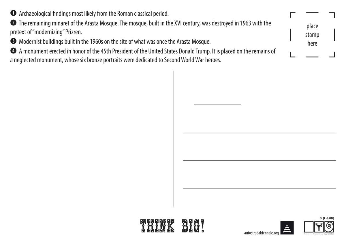 Think Big!, Obsessive Possessive Aggression (2017, Autostrada Biennale), public intervention in Prizren staging  a fictional monument to Donald Trump, foregrounding layered histories of power and erasure within a contested urban site. Photo/design by OPA. 